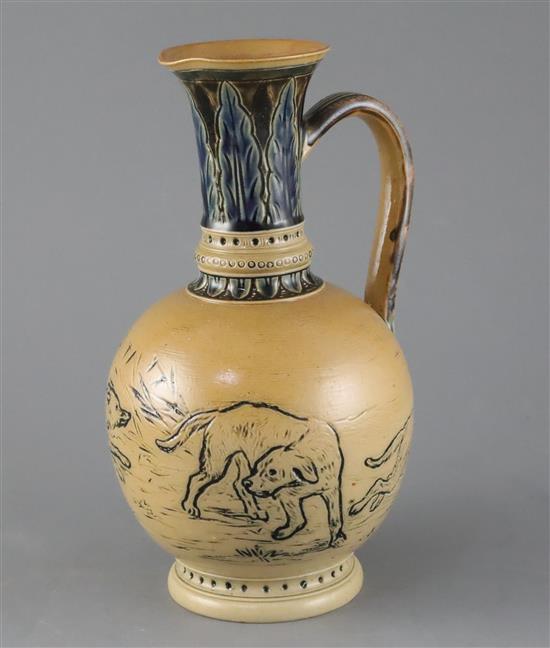 Hannah Barlow for Doulton Lambeth, a fox and hounds sgraffito ewer, dated 1875, 23.5cm